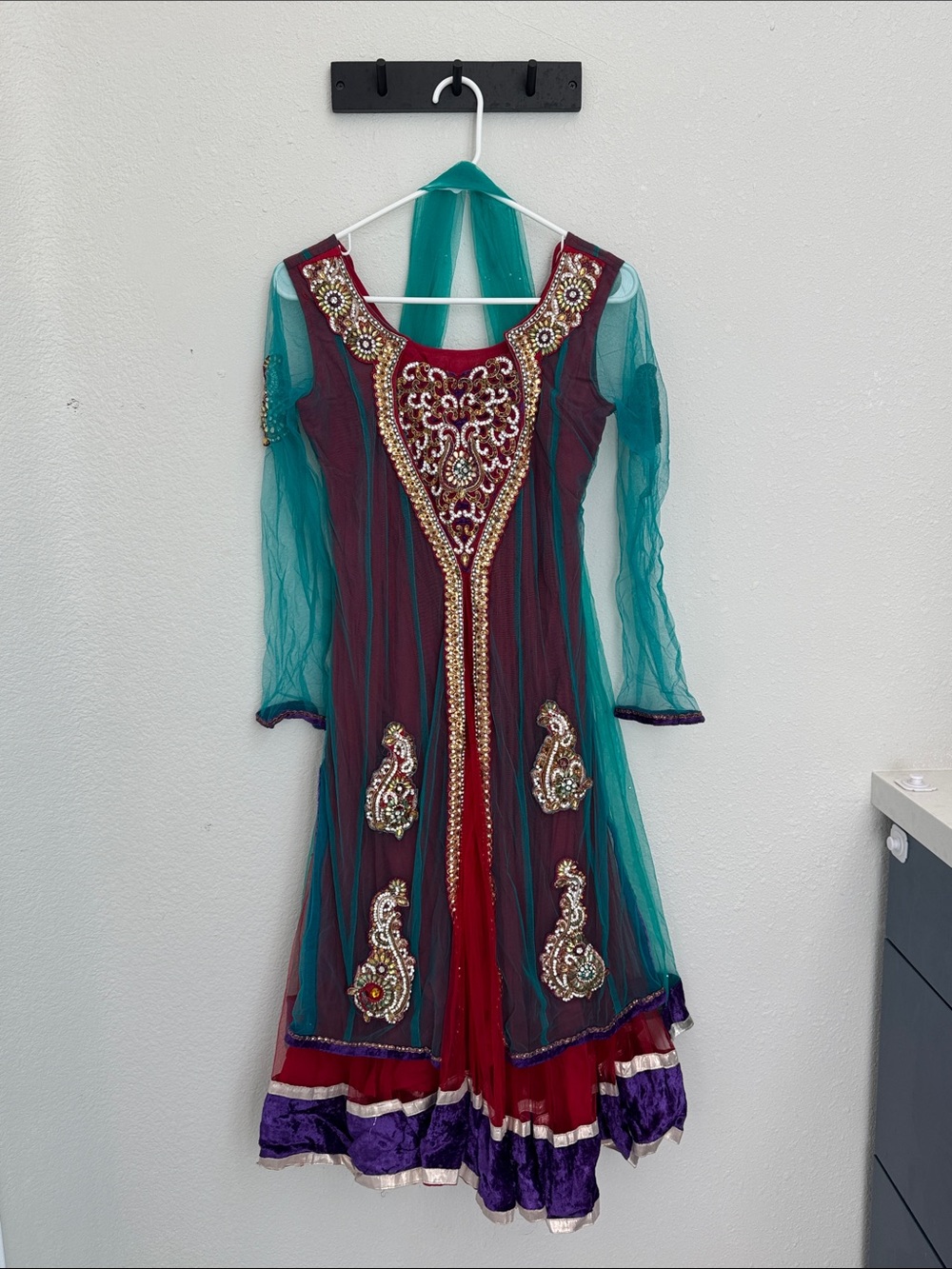 Embellished Teal and Burgundy Women's Anarkali Dress